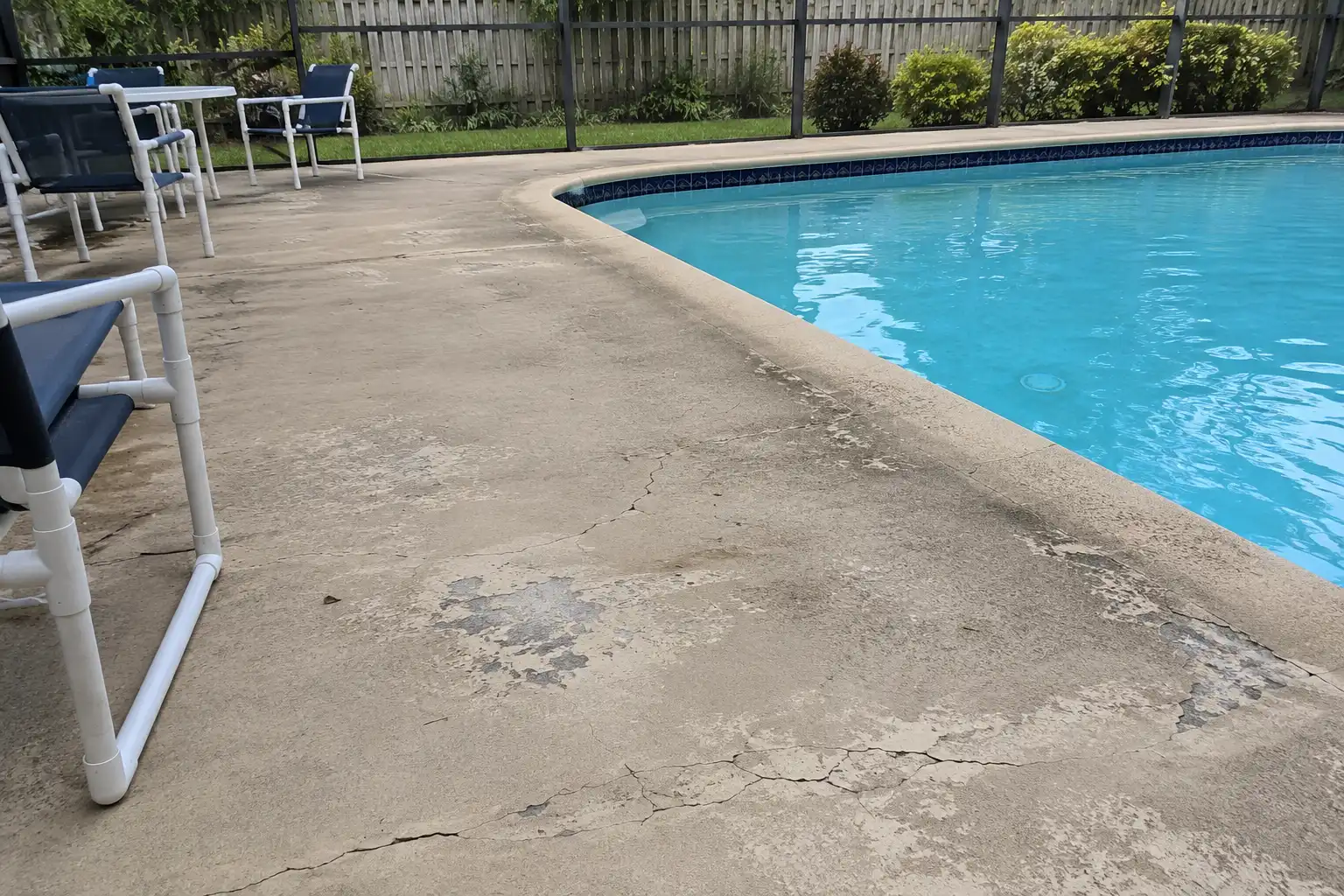 Cracked, faded pool deck surface