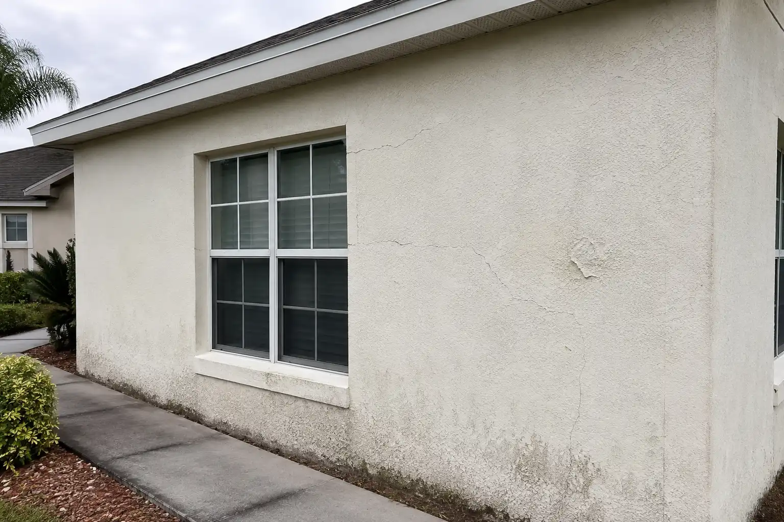 Exterior stucco wall with spider cracking and a delaminated patch