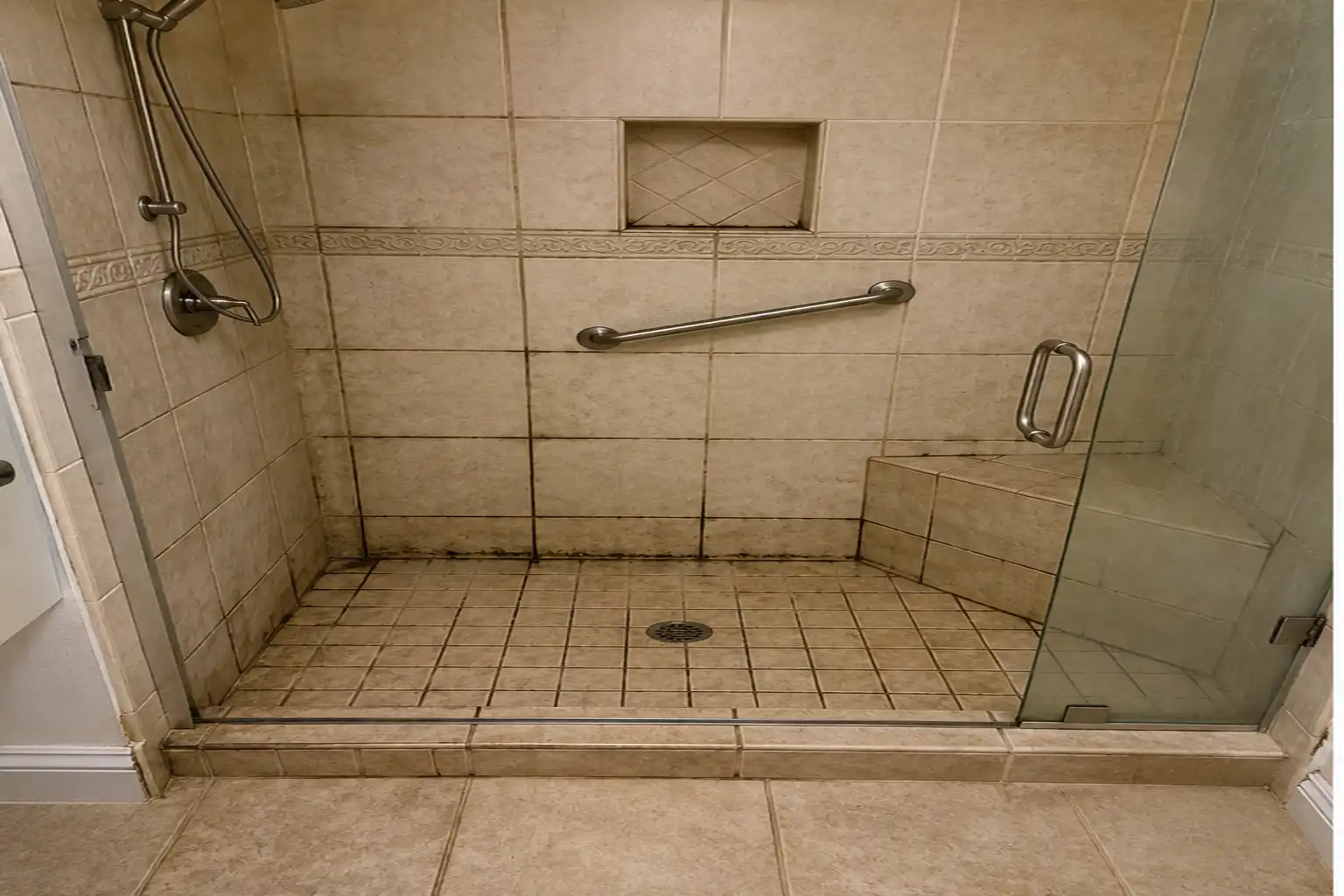 Tile floor with dark, cracked, and missing grout lines