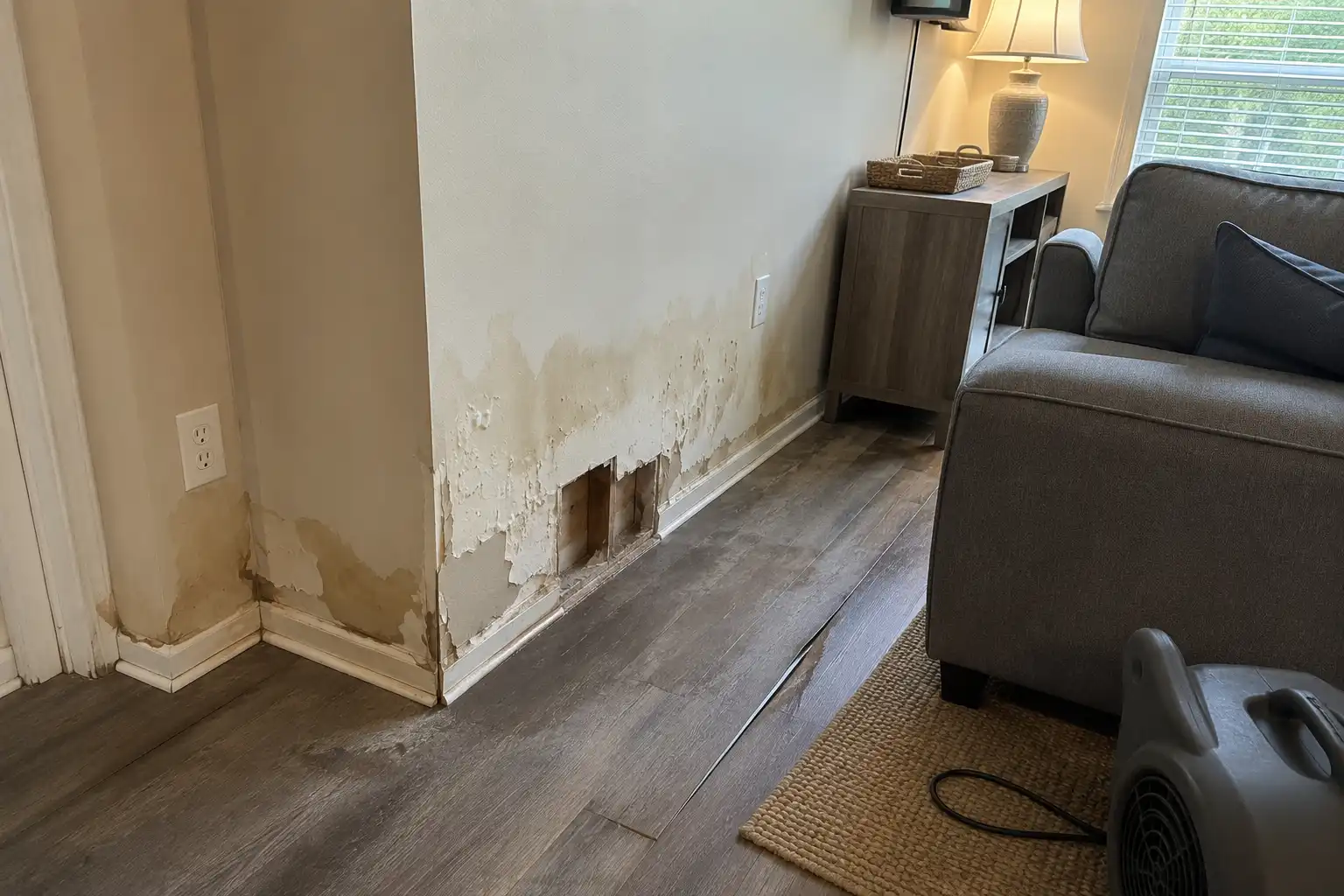 Interior wall and flooring with water staining and swollen drywall